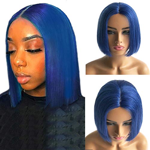 Short Colored Bob Wigs Human Hair for Black Women Glueless Middle Parting Non Lace Frontal Wigs Silky Straight Glueless Natural Hairline No Lace Bob Wig Full Even Ends 180% Density Blue 10 Inch