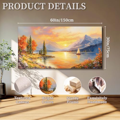 SERIMINO Autumn Landscape Wall Art, Lake Sunset Canvas Extra Large Artwork, Mountain Forest Boat Nature Art Prints, Modern Wall Pictures for Living Room Bedroom, Rustic Farmhouse Wall Decor 30"X60"
