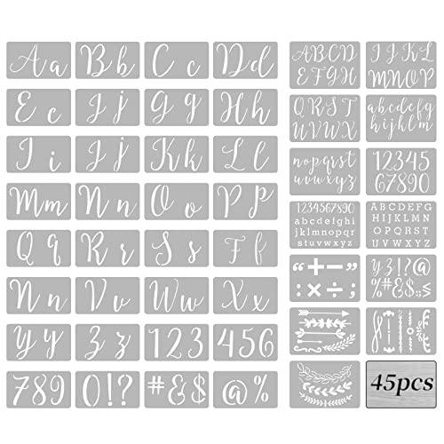 Pochoirs Lettres et Chiffres, Plastique Réutilisable Pochoir de Lettres avec Majuscule et Minuscule Lettres Chiffres et Signes pour Scrapbooking Carte d'Anniversaire Décoration Murale 45 Pièces
