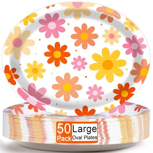 Image of Qyeahkj 50 PCS Summer Groovy Daisy Oval Paper Plates Large 11 inch Disposable Retro Daisy Party Decorations Hippie Boho Flower Supplies Favor for 60s 70s Birthday Baby Shower Wedding Party Tableware Set