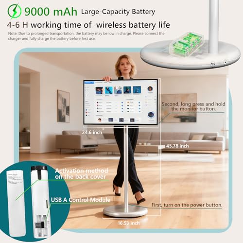 Image of OFD 27 inch Portable TV on Wheels,Mobile TV Touchsreen for Home,Android 15,Gen2 | FHD1080P Touchcreen,6+128GB Storage,Rolling Stand,Voice Remote,Built in Battery,4K Webcam,Speaker,EDLA-Certified,360Rotation