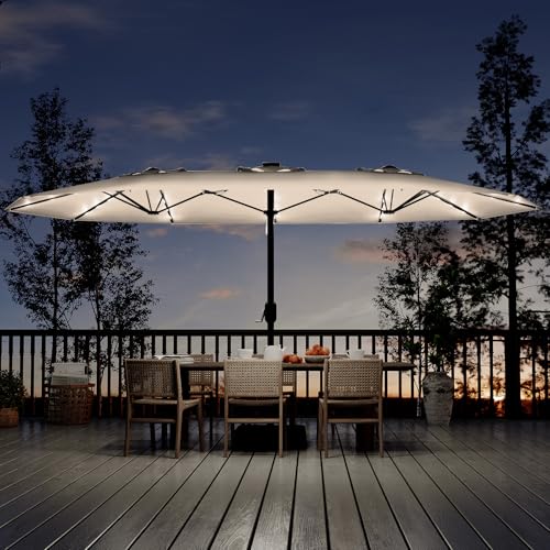 15FT Rectangular Patio Umbrella with Solar Lights & Base Included - Large Patio Umbrella with Crank Handle, UV Protection for Outdoor Market, Backyard, Pool - Beige