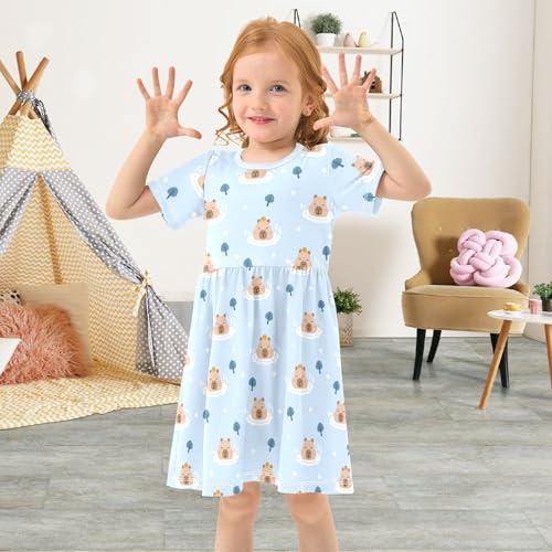 Cute Bathing Capybara with Flowers Summer Girls Short Sleeve Dress Casual Dresses Beach Sundress for 2-8 Years4