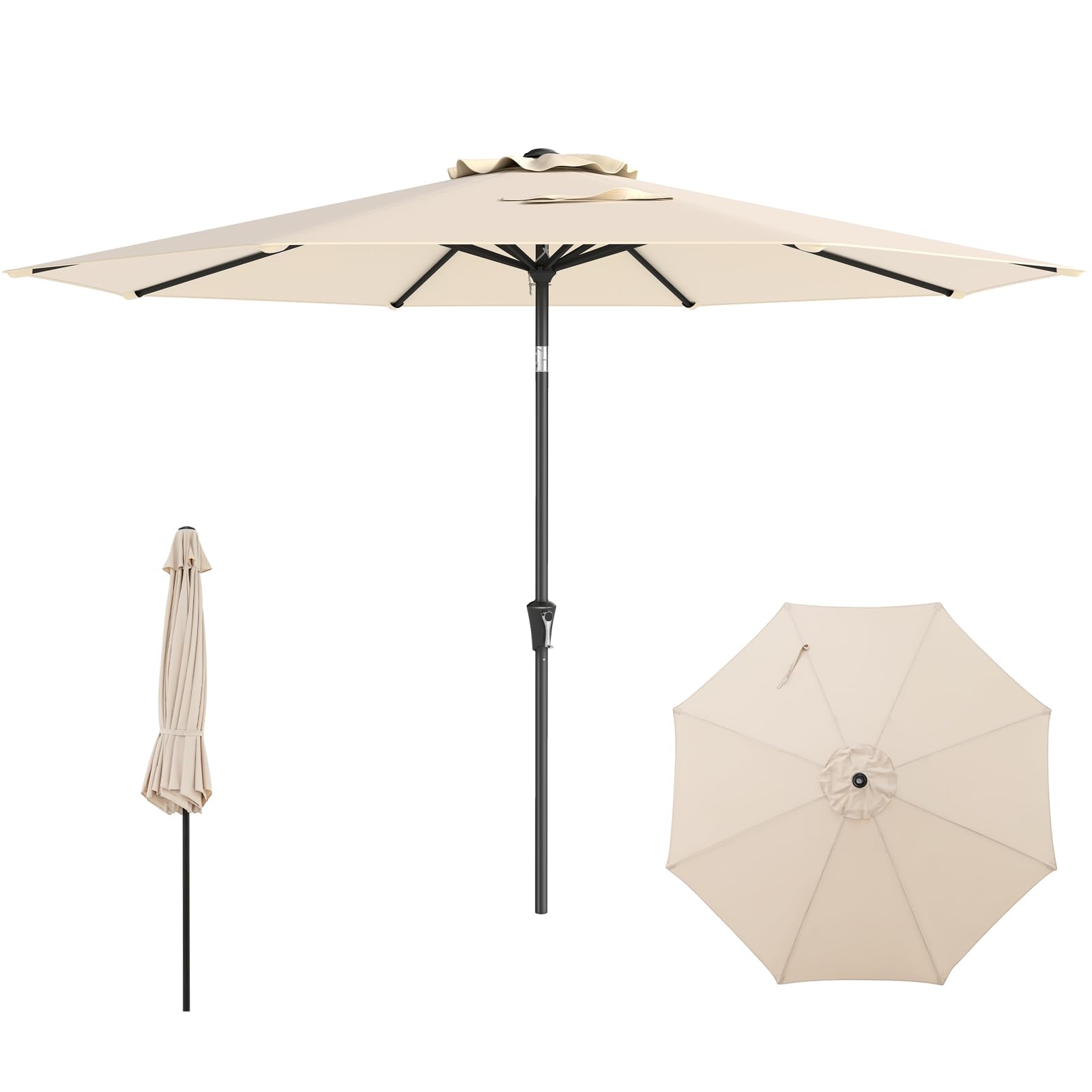 RELAX4LIFE Parasol Droit Inclinable 3M, Parasol de Jardin Extérieur 3M Rond, Inclinaison 25°, 8 Baleines, Manivelle, Polyester Résistant, Protection Solaire pour Balcon Terrasse (Beige)