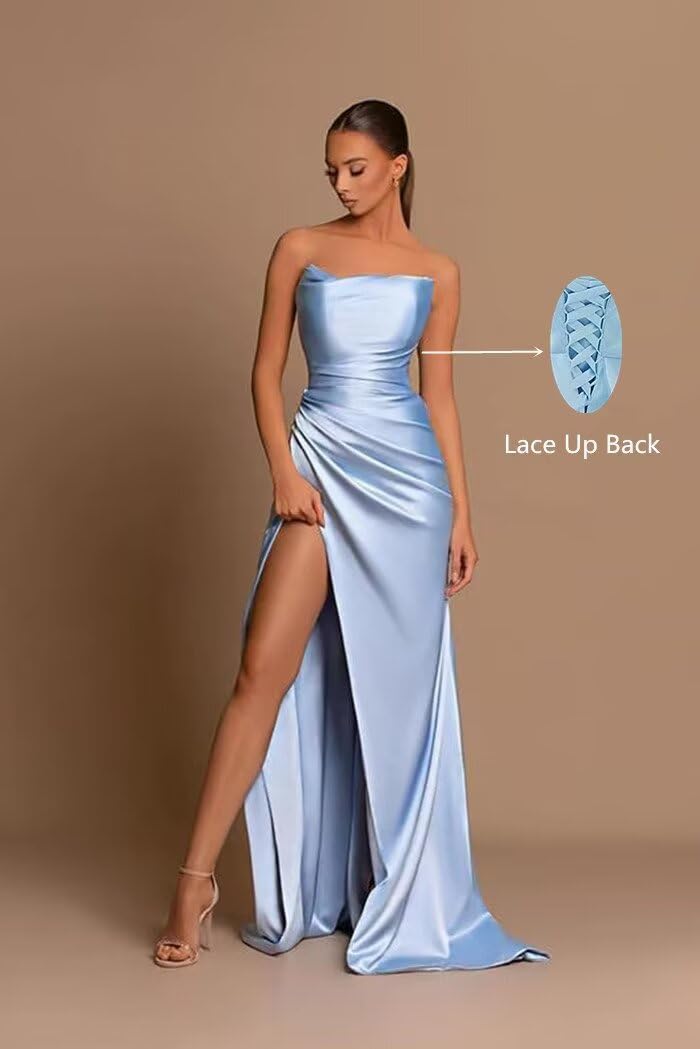 SoDigne Strapless Satin Bridesmaid Dresses Long Mermaid Formal Evening Party Gowns with Slit