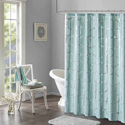 Intelligent Design Raina Printed Metallic Shower Curtain - Geometric Design, Microfiber, 72x72 Aqua & Silver Bathroom Decor