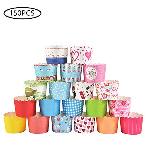 150 Pcs Random Colorful Premium Greaseproof Cupcake Paper Liners No Muffin Pan Needed Cupcakes Papers Holiday/Parties/Wedding/Anniversary