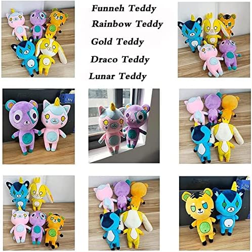 SUMCOSRTER 10.6in Funneh Plushies, Cartoon Cute Soft Stuffed Animal Doll Gift for Children (Funneh Teddy + Rainbow Teddy+ Gold Teddy +Draco Teddy+ Lunar Teddy)