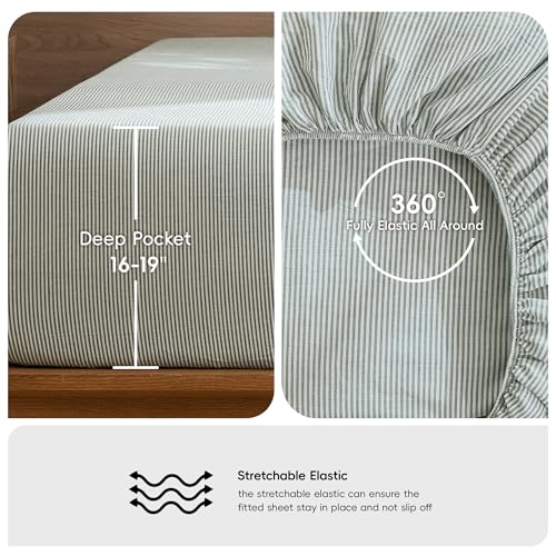 Image of MooMee Striped Sheet Set 100% Washed Cotton Linen Like Cal King