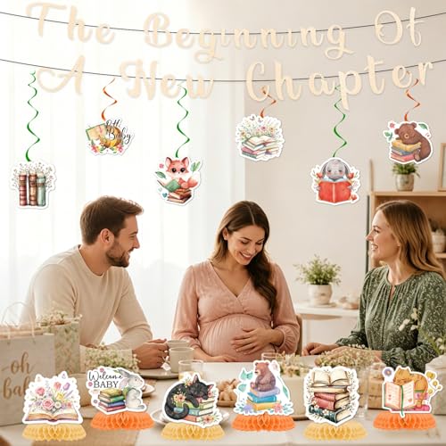 Image of a New Chapter Begins Baby Shower Decorations, 14PCS Storybook Book Themed Banners with Hanging Swirls Party Decorations, A New Chapter Begins Bridal Shower Honeycomb Centerpiece Decor