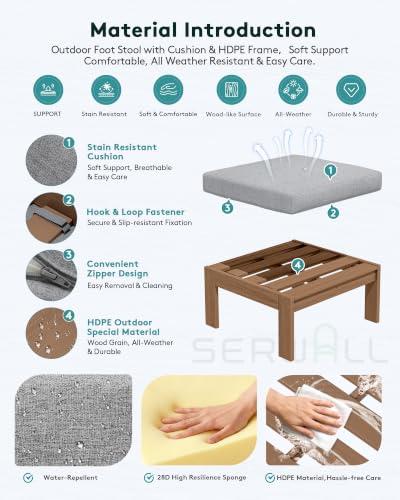 Image of SERWALL HDPE Outdoor Ottoman with Cushions for Outdoo Sofa | Brown Frame & Gray Cushions