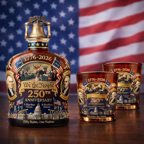 U.S. 250th Anniversary Whiskey Decanter We The People 1776-2026 Amber Glass with Liberty Bell Stopper 350 mL (11.8 fl oz) 6.7 in Commemorative Gift