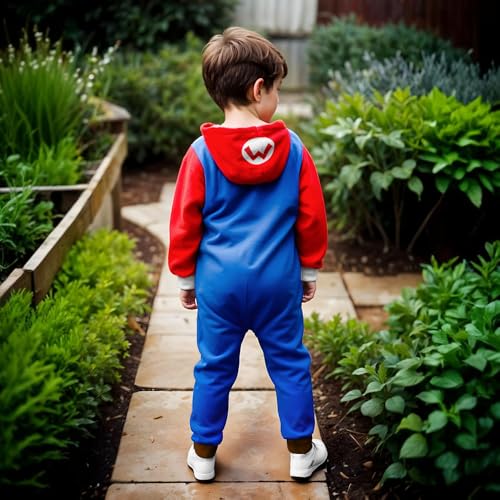 Nintendo Super Mario Brothers Boys Long Sleeve Onesie Zip Coverall with Hoodie Mario Cosplay Zip Up Onesie for Kids (Red and Blue Size 8) - image 4