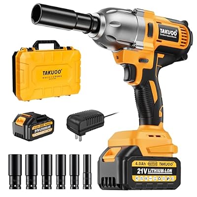 Takuoo Cordless Impact Wrench 1/2 Inch, 1200N.m (900Ft-lbs) Brushless Impact Gun, 3300RPM High Torque 21V Electric Wrench w/4.0Ah Battery, Charger & 6 Sockets, Power Impact Driver for Car Tire Mower