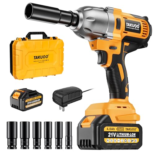 Takuoo Cordless Impact Wrench 1/2 Inch, 1200N.m (900Ft-lbs) Brushless Impact Gun, 3300RPM High Torque 21V Electric Wrench w/4.0Ah Battery, Charger & 6 Sockets, Power Impact Driver for Car Tire Mower by Takuoo - Used condition - US$68.22