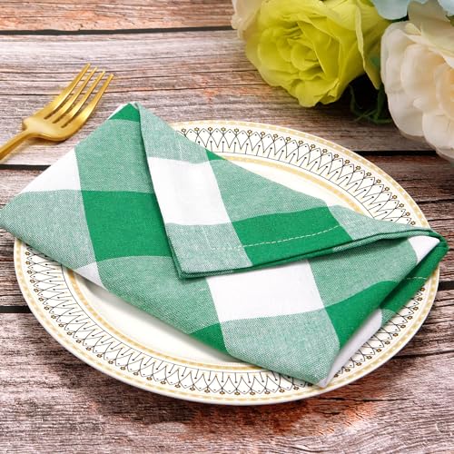 Image of Cotton Blend Buffalo Plaid Table Napkins (Set of 12), 20 x 20 Inch Washable Dinner Napkins, Buffalo Checks Cloth Napkins for Restaurant, Wedding, Holiday, Farmhouse, Green and White