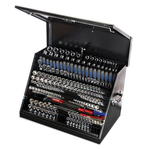 Montezuma – LA400B – 30-Inch Portable TRIANGLE Toolbox – Multi-Tier Design – 16-Gauge Construction – SAE and Metric Tool Chest – Weather-Resistant Toolbox – Lock and Latching System
