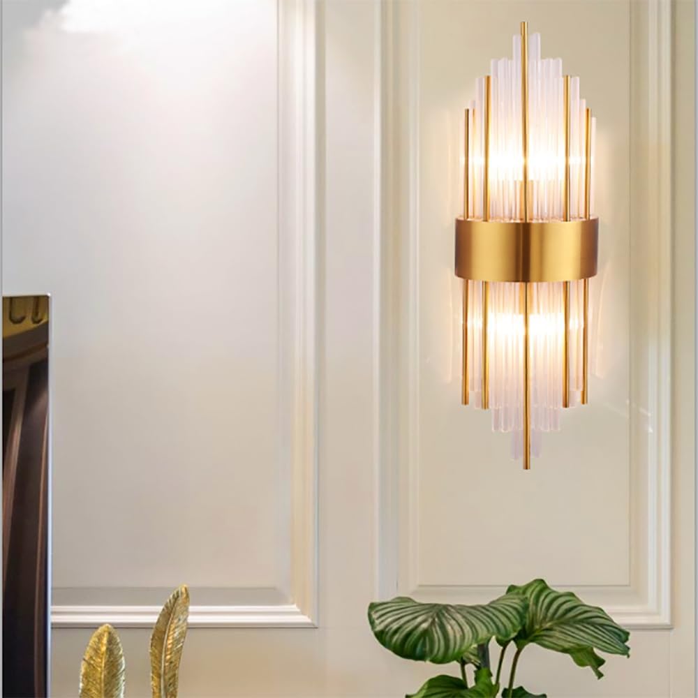 24 inch Crystal Wall Light Fixture, Gold Modern Luxury Wall Flush Mount Wall Lamp Sconce for Bedroom Living Room Dining Room Indoor Lighting, Bathroom Vanity Mirror Light Included Bulb