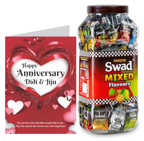 Image of Swad Happy Anniversary Didi Jiju Gift with Card (Swad Mixed Flavours Candy 200 Jar & 1 Greeting card) 2 units