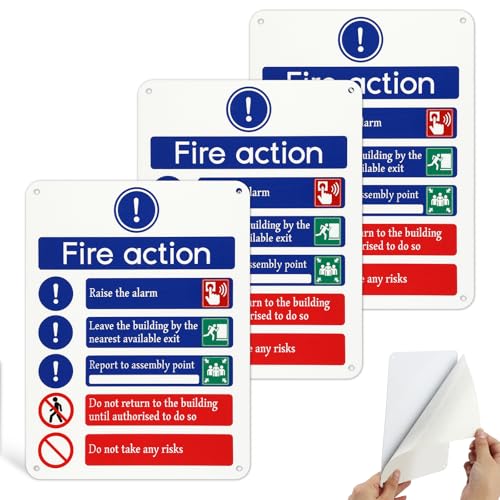 3 Pack Fire Action Notice Sign,150 x 200 mm Fire Safety Signs,1mm Reflective Aluminum Action Signs with self-adhesive backing and drill holes,Rust Free Weatherproof Signage
