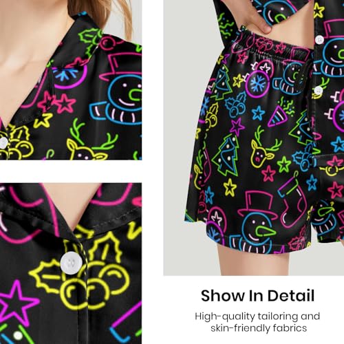 Image of Funny Satin Pajamas Set for Women Button Down Sleepwear Print Pjs Set 2 Piece Short Sleeve Loungewear Gift for Women