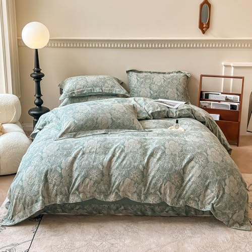 VM VOUGEMARKET Jacquard Flower Duvet Cover King with 2 Pillow Shams,Sage Green Bedding Set,Soft Breathable Yarn-Dyed Cotton Comforter Cover with Zipper Closure-King