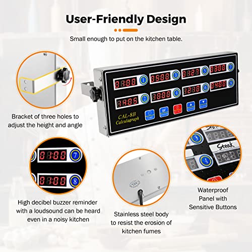 Beamnova 8-Channel Digital Kitchen Timer Commercial Cooking Fryer Reminder Loud Ring Alarm Adjustable Volume Stainless Steel #TOP3