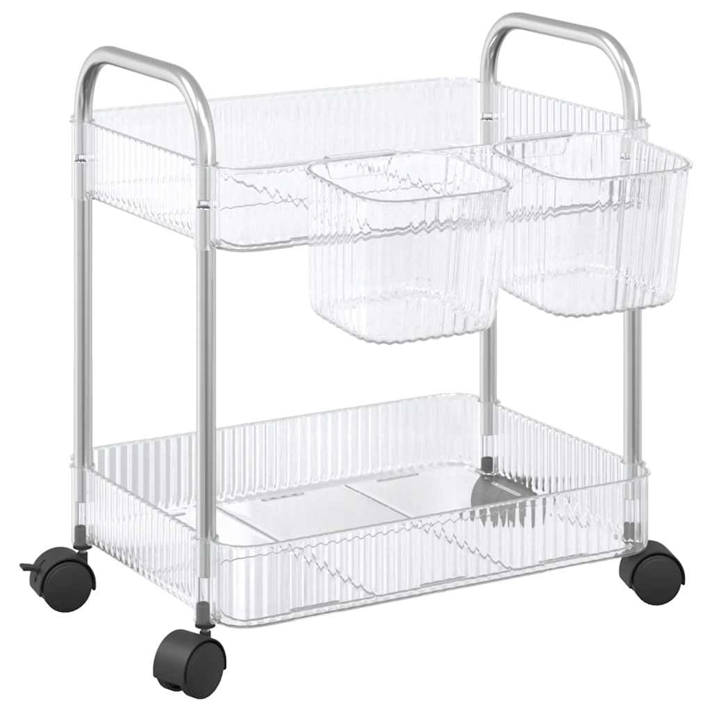 Carro de almacenamiento con 2 niveles de acrílico y acero inoxidable, con ruedas para cocina, baño y oficina, 37 x 28 x 43,5 cm, transparente