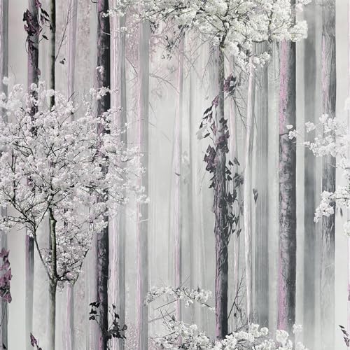 Blossom Enchanted Forest Wallpaper - Dusky Pink Grey Tree Scape Naturistic Flowers Leaves - Stylish Trendy Feature Wall