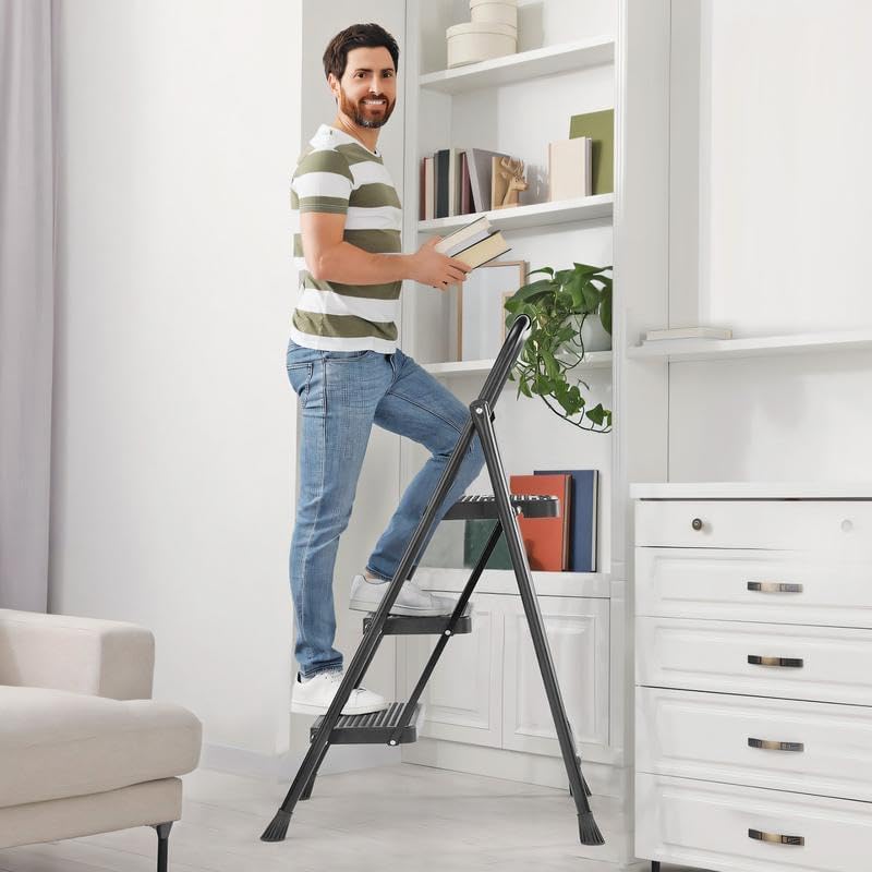 3 Step Ladder, Foldable Stool for Adults, 800lbs Sturdy Steel Ladder with Wide Anti-Slip Pedal, Portable Kitchen Ladders with Sturdy Construction, Black