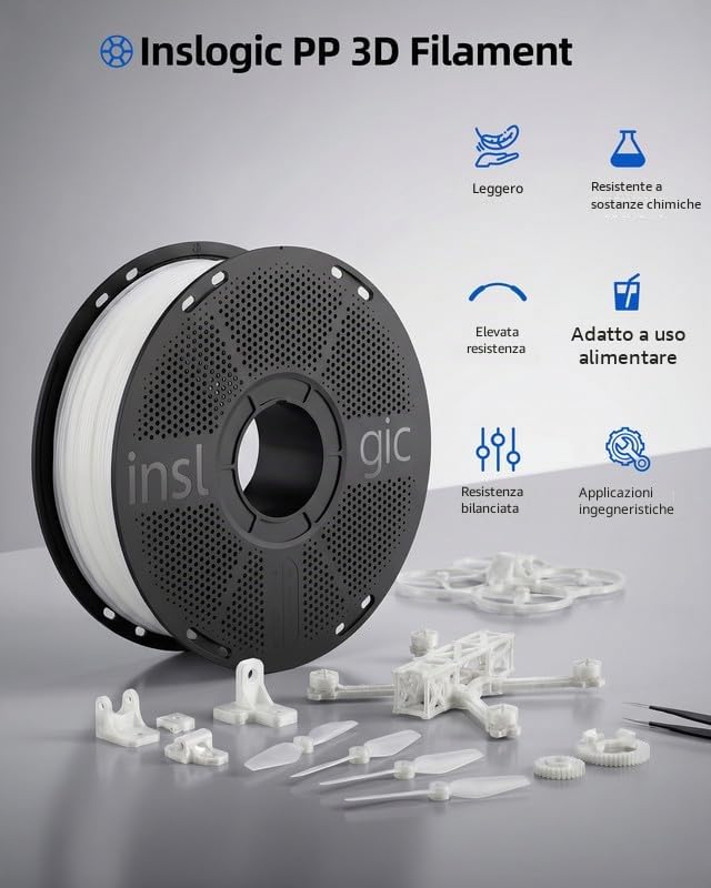 Inslogic Filamento PP 1,75 mm per Stampa 3D (Polipropilene), Semi-Flessibile e Ultra-Risistente, Sicuro per il Contatto con gli Alimenti, Bobina Sgabinabile da 0,8 kg, Colore Naturale