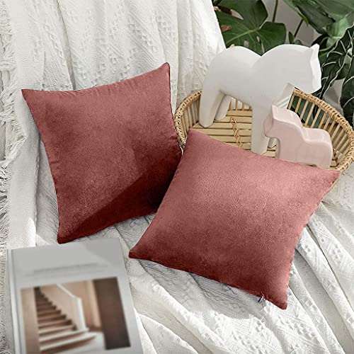 Image of Decorative Holland Velvet Cushion Square Pillow Covers Pillowcases for Sofa Bedroom with Invisible Zipper || (Peach, Set of 2 Piece (16X16 Inches)