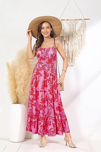 Image of GRACE KARIN Summer Dresses for Women 2026 Vacation,Smocked Floral Maxi Dress,Boho Beach Sundress with Pocket Fashion Clothing