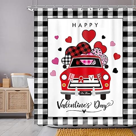 Newsely Buffalo Check Plaid Happy Valentine's Day Shower Curtain 60Wx72H Inch Farmhouse Love Heart Truck Shower Curtain Bathroom Set Rustic Vintage Waterproof Bath Decoration Accessories Home Decor Cover