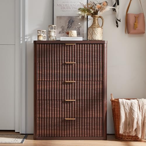 Image of LEYAOYAO Fluted 5 Drawers Dresser Set of 2, 41 inch Tall Modern Chest of Drawers with Metal Handle, Curved Profile Dresser TV Stand, Wooden Drawer Organizer for Bedroom, Living Room, Hallway, Walnut