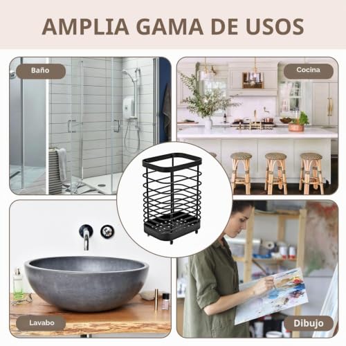 Miniatura 7 de Cesta Para Cubiertos, Soporte Utensilios Cocina, Cesta Para Cubiertos De Acero Inoxidable, Soporte Para Utensilios De Cocina De Metal, Porta Utensilios Cocina Cuadrado Con Orificios De Drenaje Negro