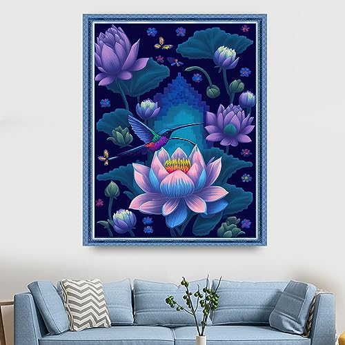 Image of Findvoor Stamped Cross Stitch Kits for Beginners Full Range of Cross Stitching Embroidery Pattern for Adults, 11CT DIY Needlepoint Embroidery Starter Kits-Hummingbird Lotus 15.7x19.7 inch