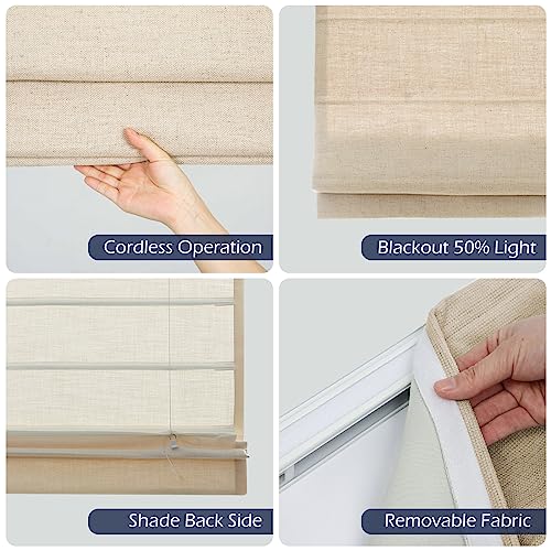 Sunbox Cordless Roman Shades Window Blinds, Room Darkening Fabric Roman Shades for Windows, Doors, French Doors, Kitchen Windows, Linen Sandy Beige