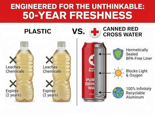 Image of American Red Cross Licensed Emergency Canned Water by Aqua Emergency - 16 fl oz, 50-Year Shelf Life, Hermetically Sealed Aluminum Cans, BPA-Free, Purified Water by Reverse Osmosis, 2.5-5 Day Supply Per Person, Emergency & Everyday Preparedness, Pack of 12