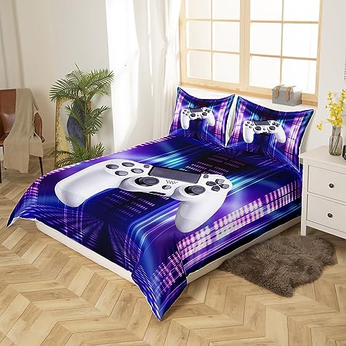 Loussiesd Gamer Bedding Set Single Boys Teenage Gaming Modern Vr Player Bed Cover For Teens Duvet Cover Play Joystick Home Bedroom Decor White Gamepad Blue Purple - Image 2