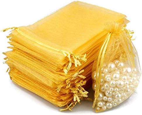 G2PLUS Gold Organza Gift Bags: 13x18 CM Clear Mesh Pouches, 100 PCS Organza Jewellery Bags