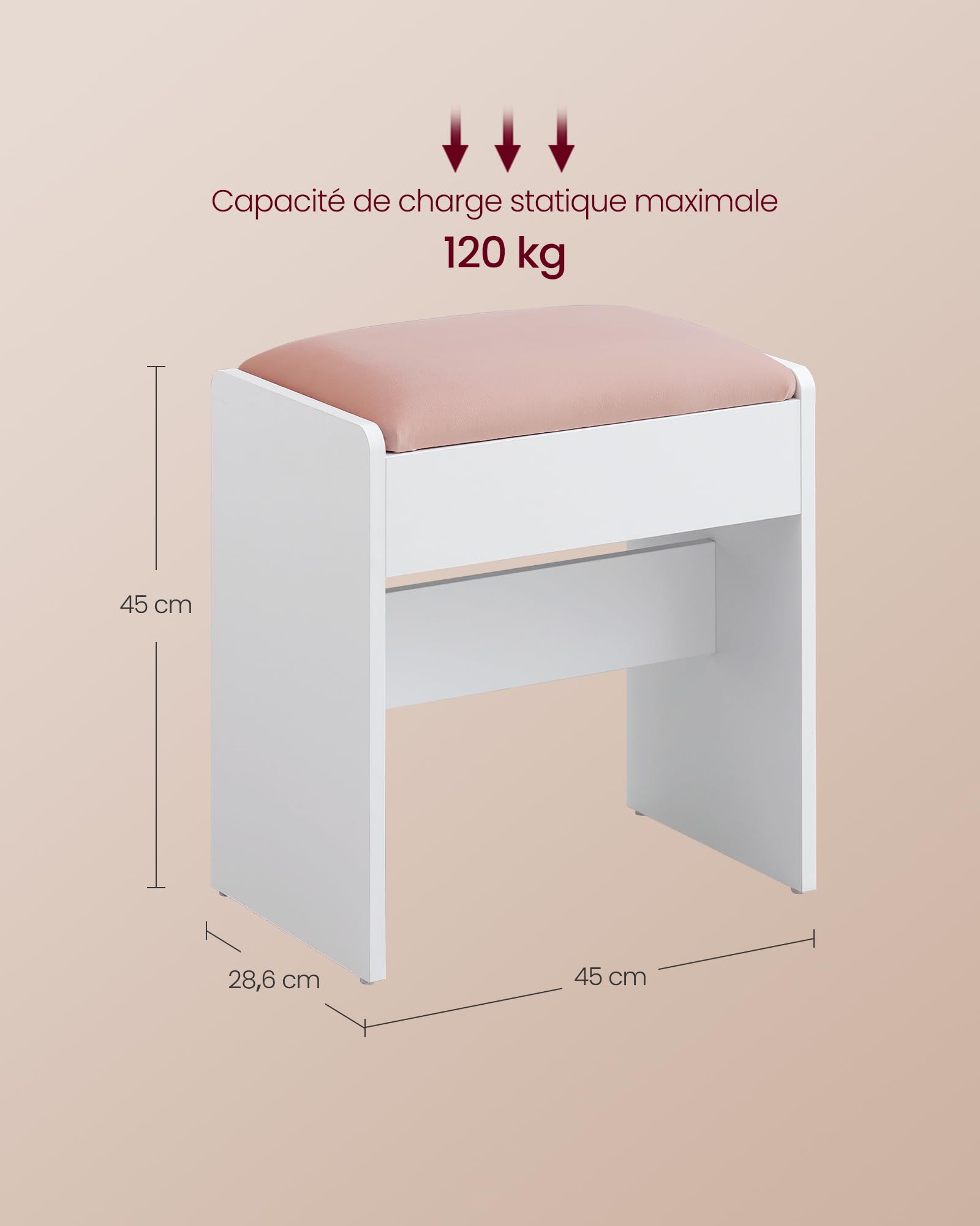 VASAGLE Kailyn Collection - Tabouret de Coiffeuse, Chaise Rembourrée de Maquillage, Repos-Pieds, en Velours, Patins Antidérapants, pour Chambre, Dressing, Entrée, Blanc Mat et Rose Bonbon RDS001W01