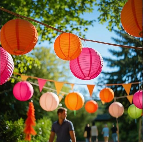 Image of Pink Orange Paper Lanterns Decorative 15pcs Party Hanging Decorations for Bachelorette Wedding Birthday Baby Shower Graduation Anniversary Themed Room Decor