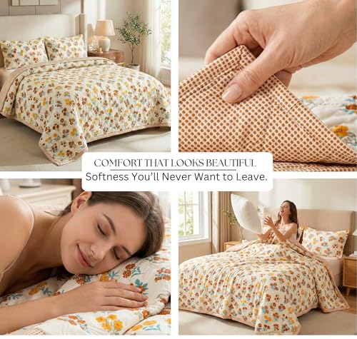Image of BSB Home Cotton All-Weather Embroidered Ultrasonic Quilted Thread Free 3 Pcs Comforter Set with Pillow Shams- Light Weight Bedspread /Duvet /Quilt - Double, 150 GSM | Almond and Rust