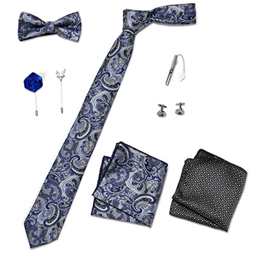 CHSEEO Herren Hochzeit Krawatten und Einstecktuch, Herren Dunkelblau Fliege, Krawattennadel Silber-, Einstecktuch Blau, Weihnachtsbrosche, Geschenkset Weihnachten für Männer Cover