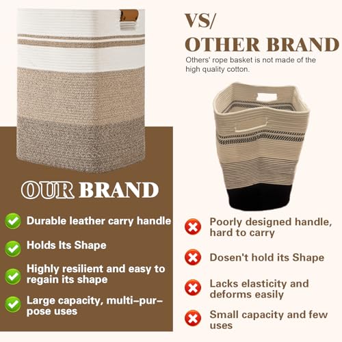 Image of Laundry Hamper, 85L Tall Laundry Basket with Leather Handles, Rectangle Large Clothes Hamper for Organizing, Cotton Woven Laundry Baskets Storage Hampers for Bedroom, Nursery, Living Room