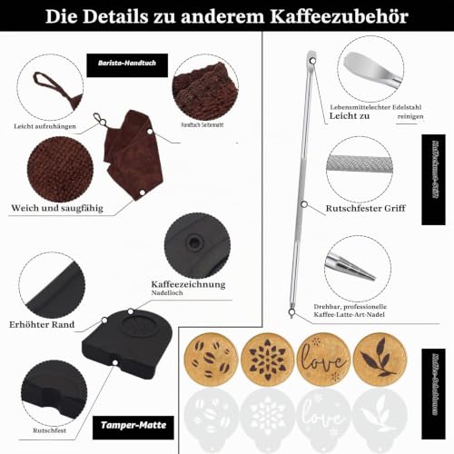 Foto von Ezebesta 51mm Kaffee Tamper Set 304 Edelstahl Base Holzgriff Siebträgermaschine Zubehör Espresso Tamper mit Tampermatte, Milchkännchen (350ml), Barista Handtuch