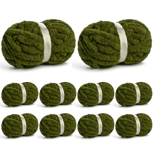 10 Pack of Jumbo Chunky Yarn for Hand Knitting 10# Super Bulky-Fluffy Chenille Yarn 220 yds/70.5 oz Soft Thick Yarn for Crocheting Chunky Knit Throw Blankets.(Olive Green)