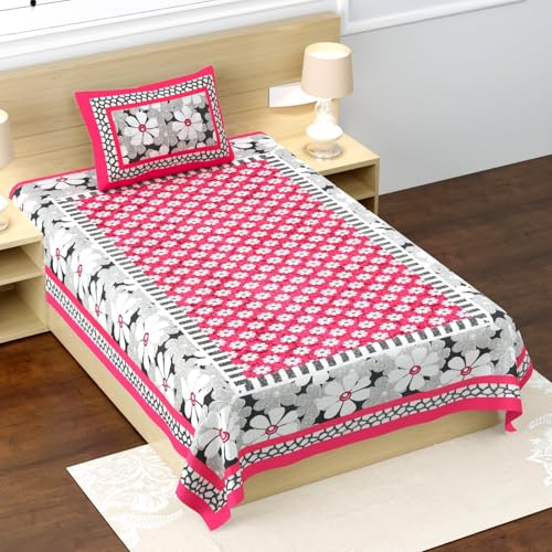 Image of RajasthaniKart Pure 100% Cotton Single Bed Sheet with 1 Pillow Cover (Bedsheet for Single Bed Cotton, Pink Floral)