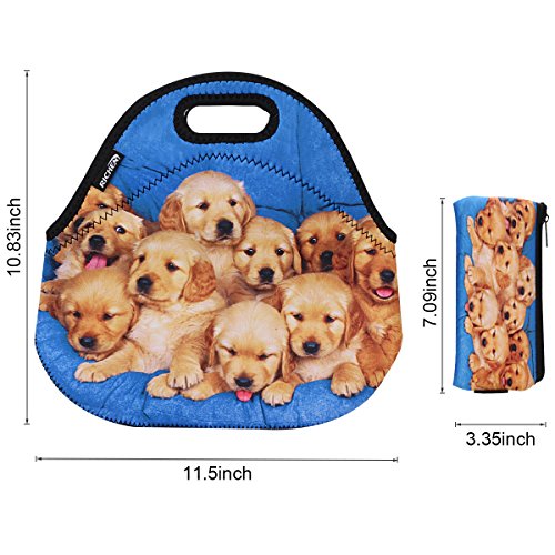 Richen Neoprene Lunch Bag With Cutlery Kit Neoprene Case For Knife,Fork,Spoon,Thermal Thick Lunch Tote Bag,Reusable Bags For Adults And Kids,Golden Retriever Design (Rlb-04) #TOP1
